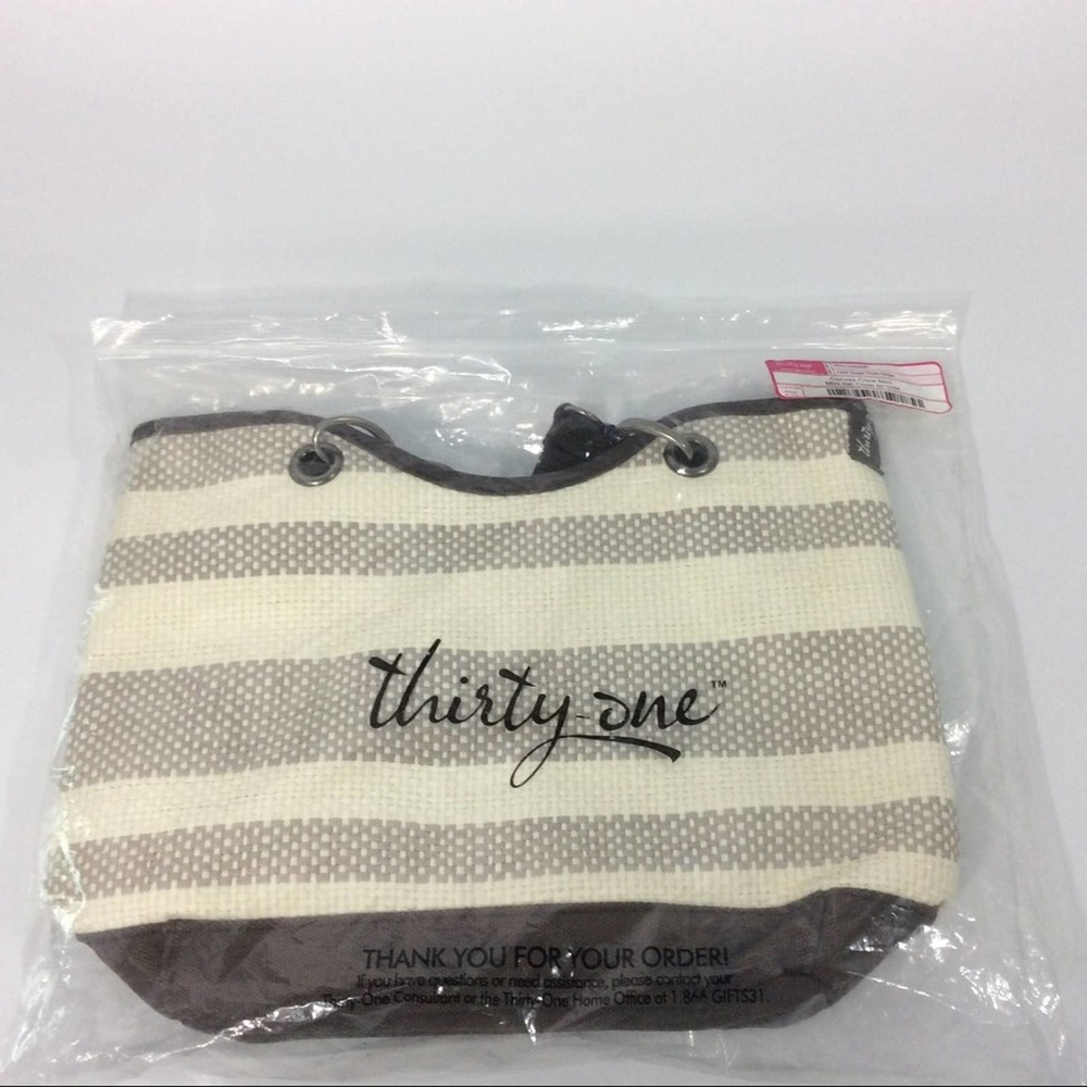 Thirty-One Canvas Crew Mini Bag 133A Taupe Straw Stripe